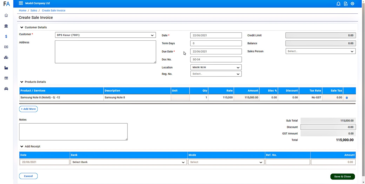 Sales Invoice Screen