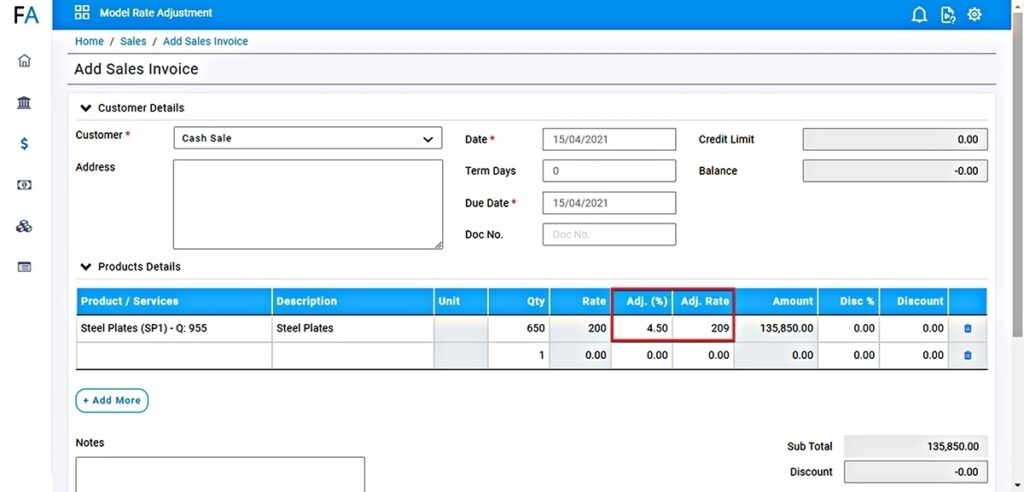 Some business have Fixed Sale Price but use Rate Adjustment in percentage for the Chargeable Rate Calculation e.g. in Steel / Iron wholesale, the sale rate is fixed and the business choose the sale rate factor (%) for trading, it can be a positive or negative percentage Sale Rate Factor. Fast Accounts has now options available where such business requirements are covered. This feature is available at request to the Support Team. The Adjusted Rate is calculated based on the % Adjustment entered.