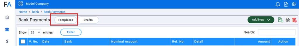 Go to the main listing page of the relevant module and click on the “Templates” option.