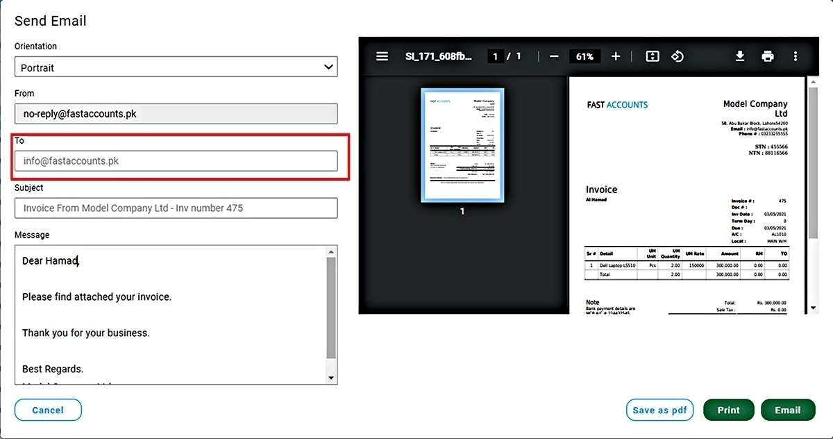 Email Sale Invoice