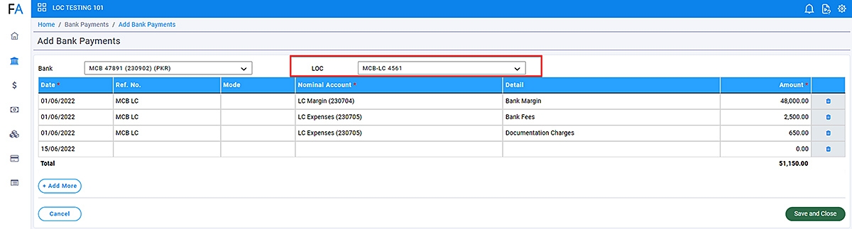 LC Expense Via Bank