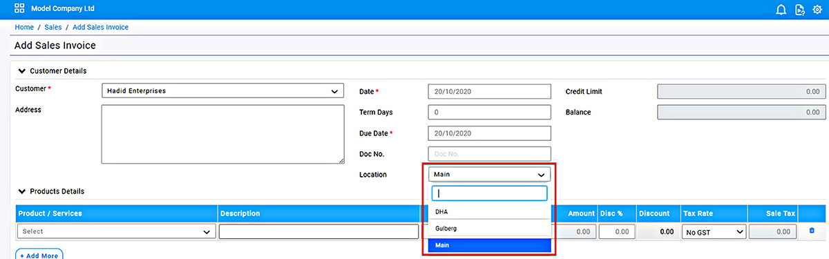 Sale Invoices with Location