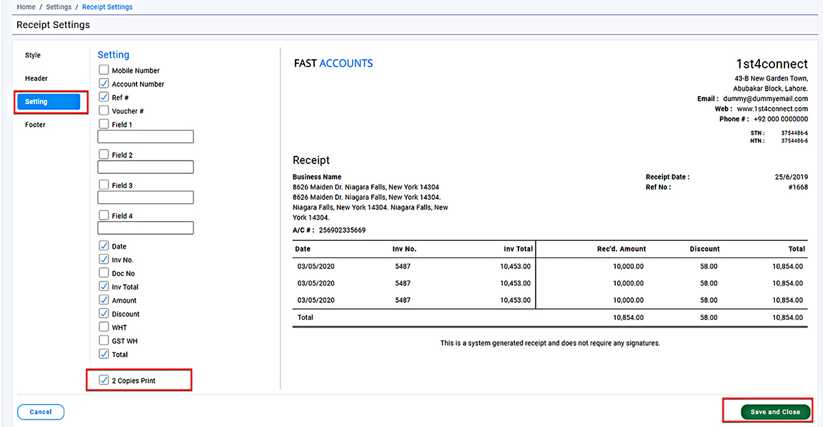 Receipts Settings screen
