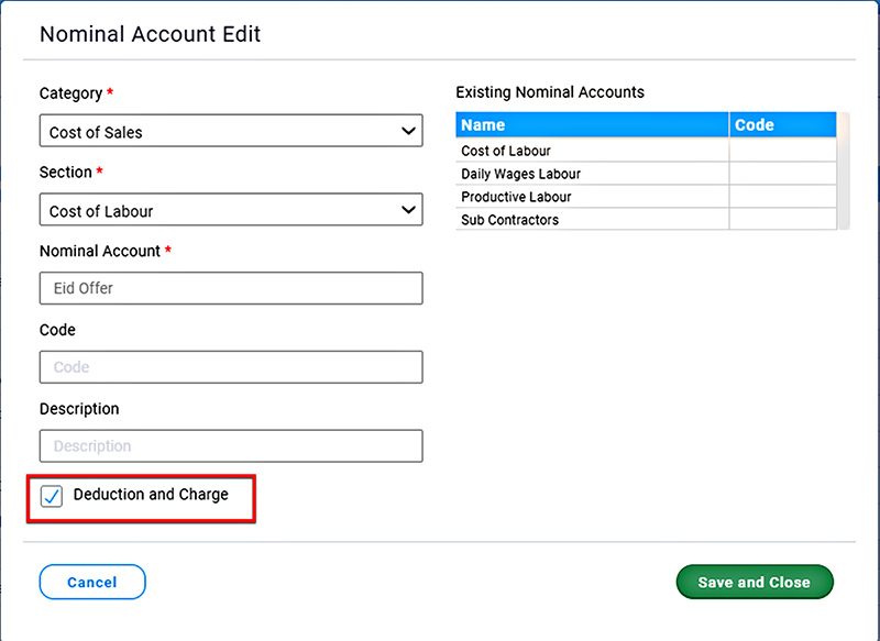 Update a Nominal Account for Deductions and Charges