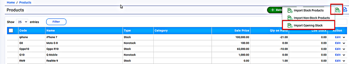 bulk import of product opening stock