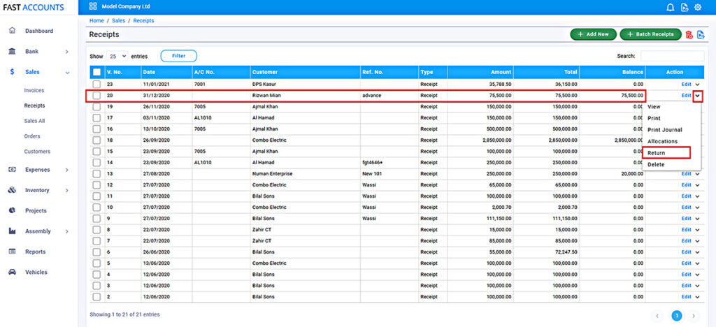 Record customer Advance return