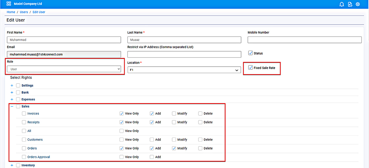 Role select User, Check the Fixed Sale Rate, and Press Save and Close Please note this option does not apply to the Admin Role.