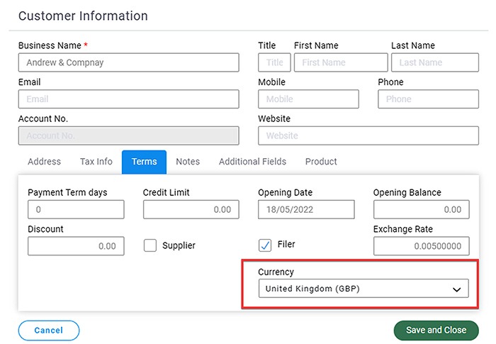 Setup Foreign Currency Customer / Supplier