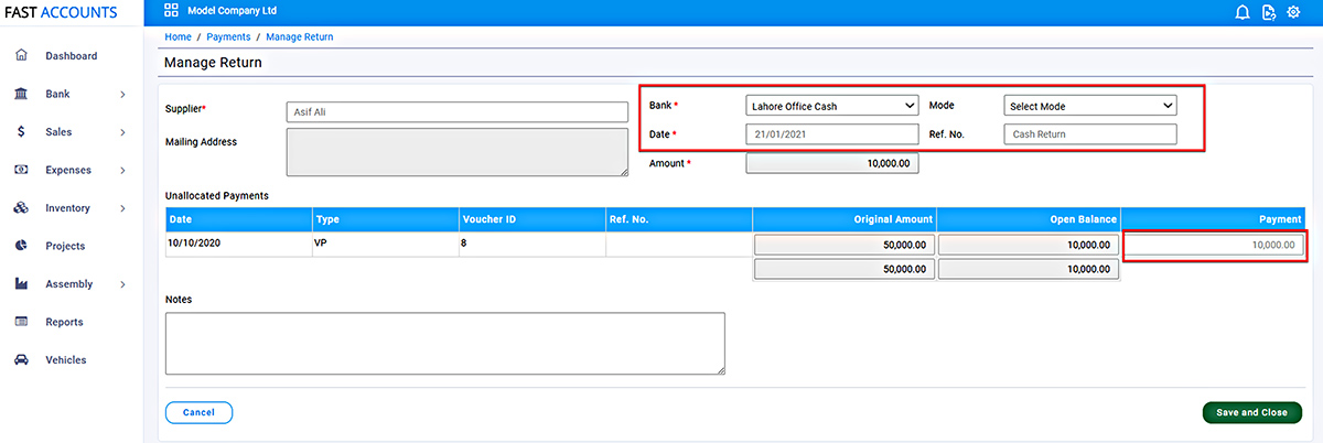 Manage Return Screen