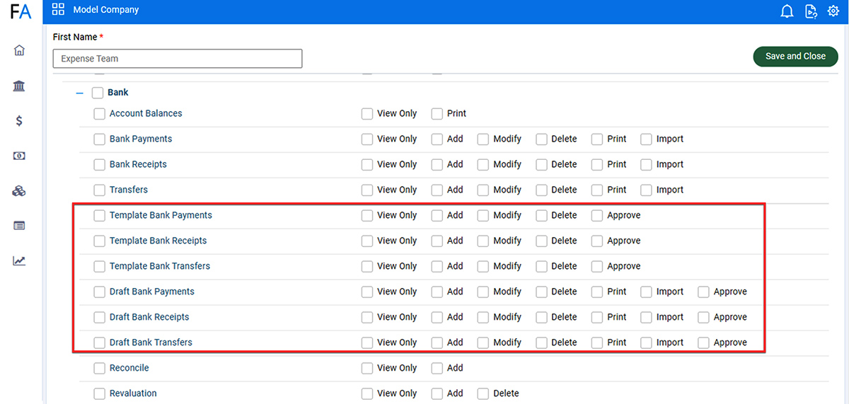 FastAccounts provides very detailed rules and rights for users